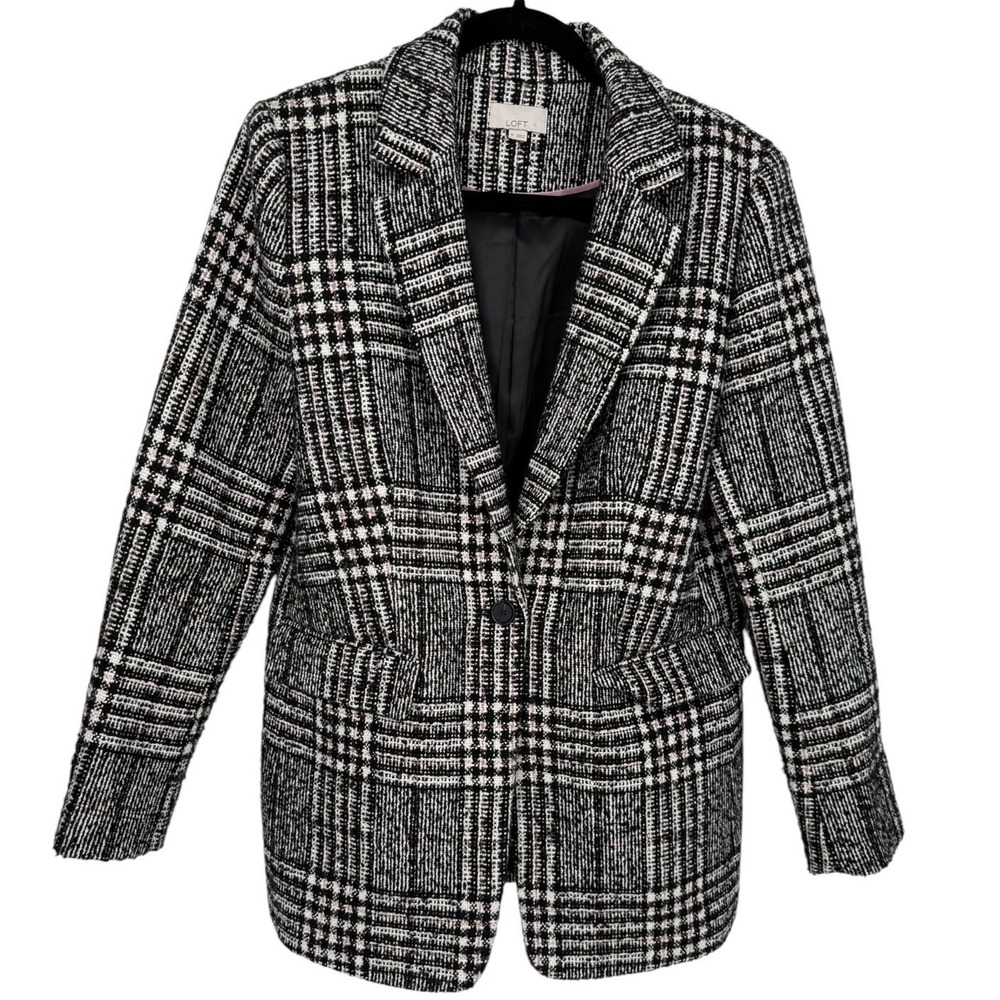 LOFT Womens Black White Pink Plaid Wool Blend Tweed Blazer Jacket Size 10 Career